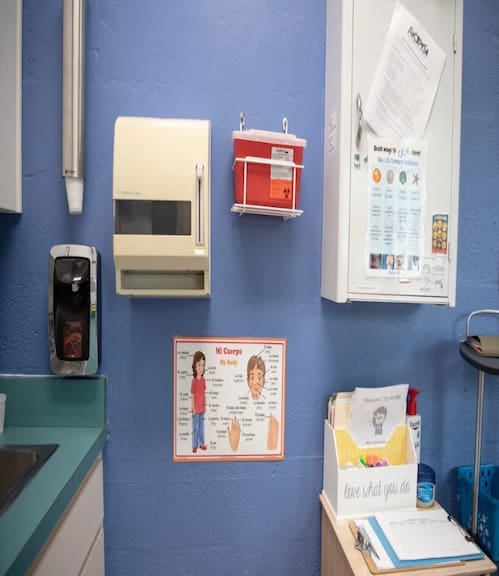 abs-2025-10-medical-office-interior The interior wall of a school-based health center. Image Attribution: https://kffhealthnews.org/news/article/school-nurses-shortage-mental-health/