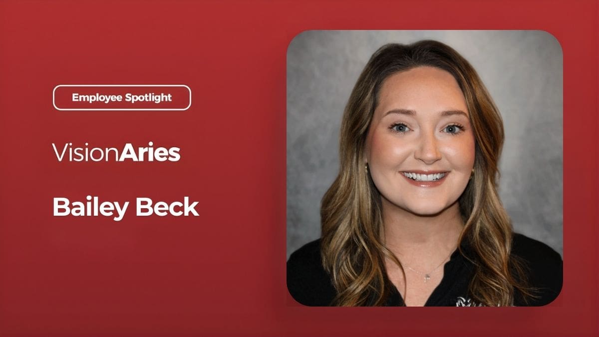 Professional headshot of Aries Sales Associate, Bailey Beck, to the right of the stacked text that reads, "Employee Spotlight", "VisionAries", and "Bailey Beck" overlayed on a red background.
