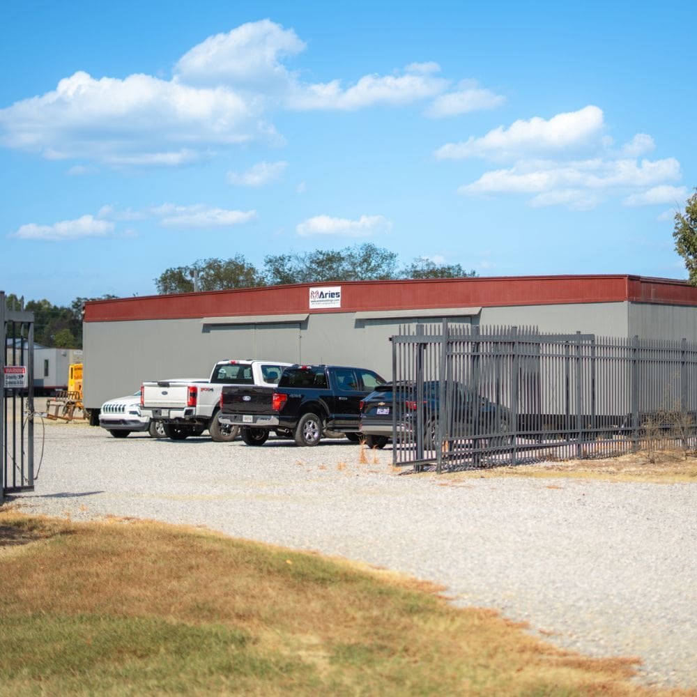 Exterior shot of Aries Buildings’ modular building stock yard office in Clayton, NC.