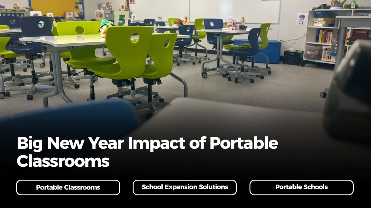The interior of a portable classroom overlaid with “Big New Year Impact of Portable Classrooms” and 3 buttons: Portable Classrooms, School Expansion Solutions, and Portable Schools