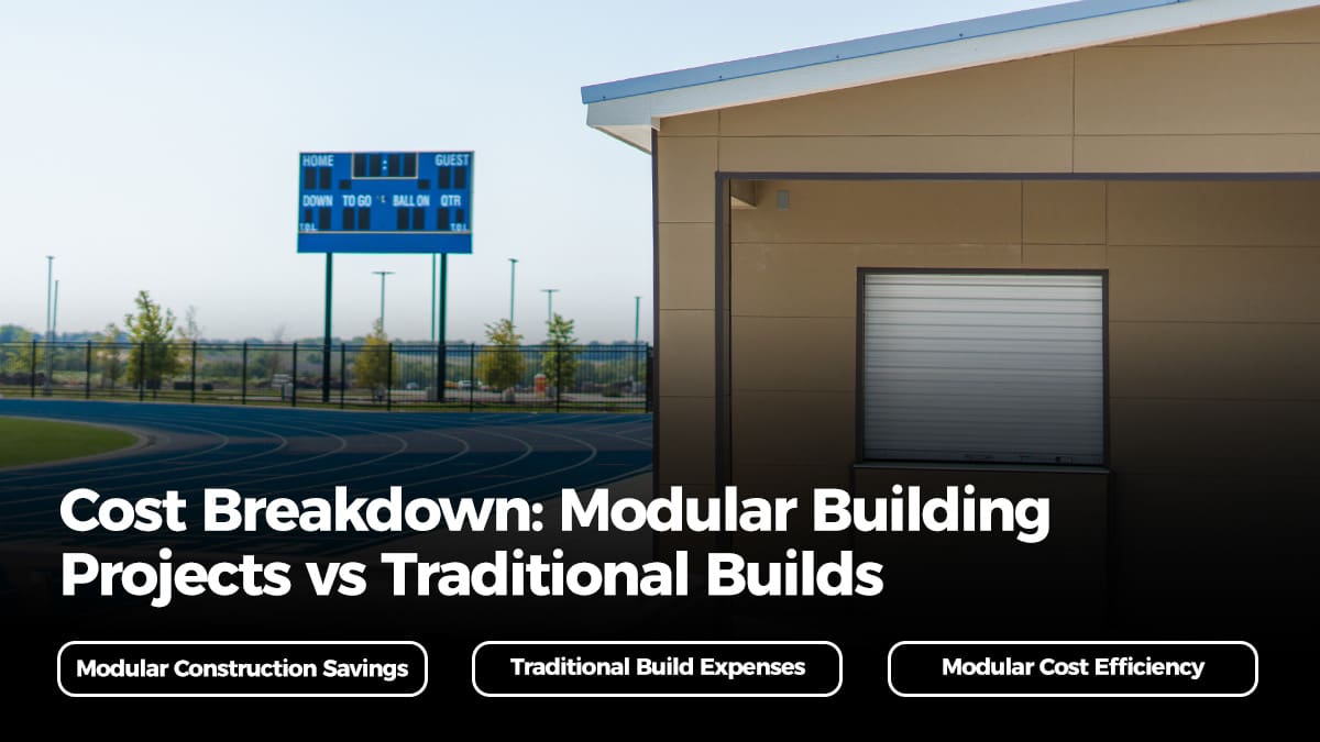Modular building exterior near school athletic field representing cost-effective construction alternatives