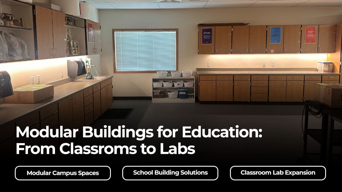 Interior of a modular science classroom equipped with built-in cabinets, storage bins, and lab-ready counters, representing flexible educational space.